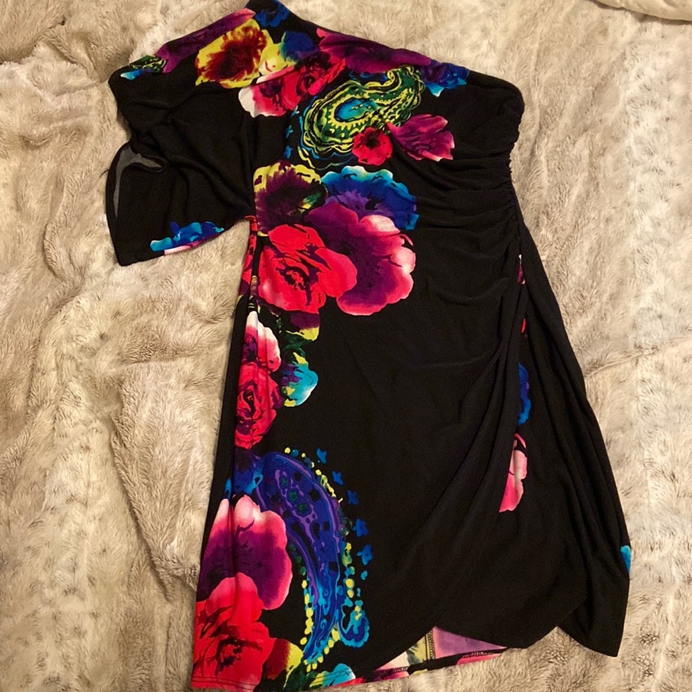 Black one shoulder, floral mid length dress